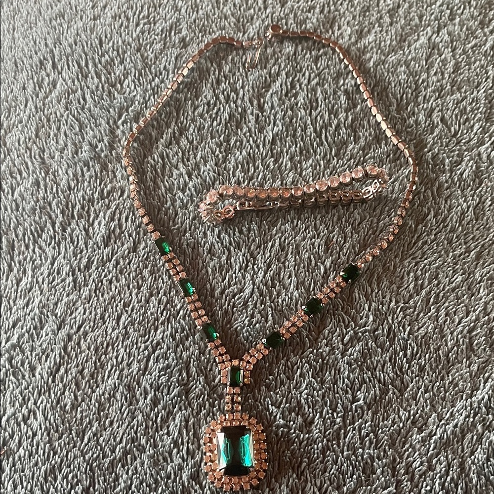 Green Crystal Pendant Necklace with Matching Bracelet